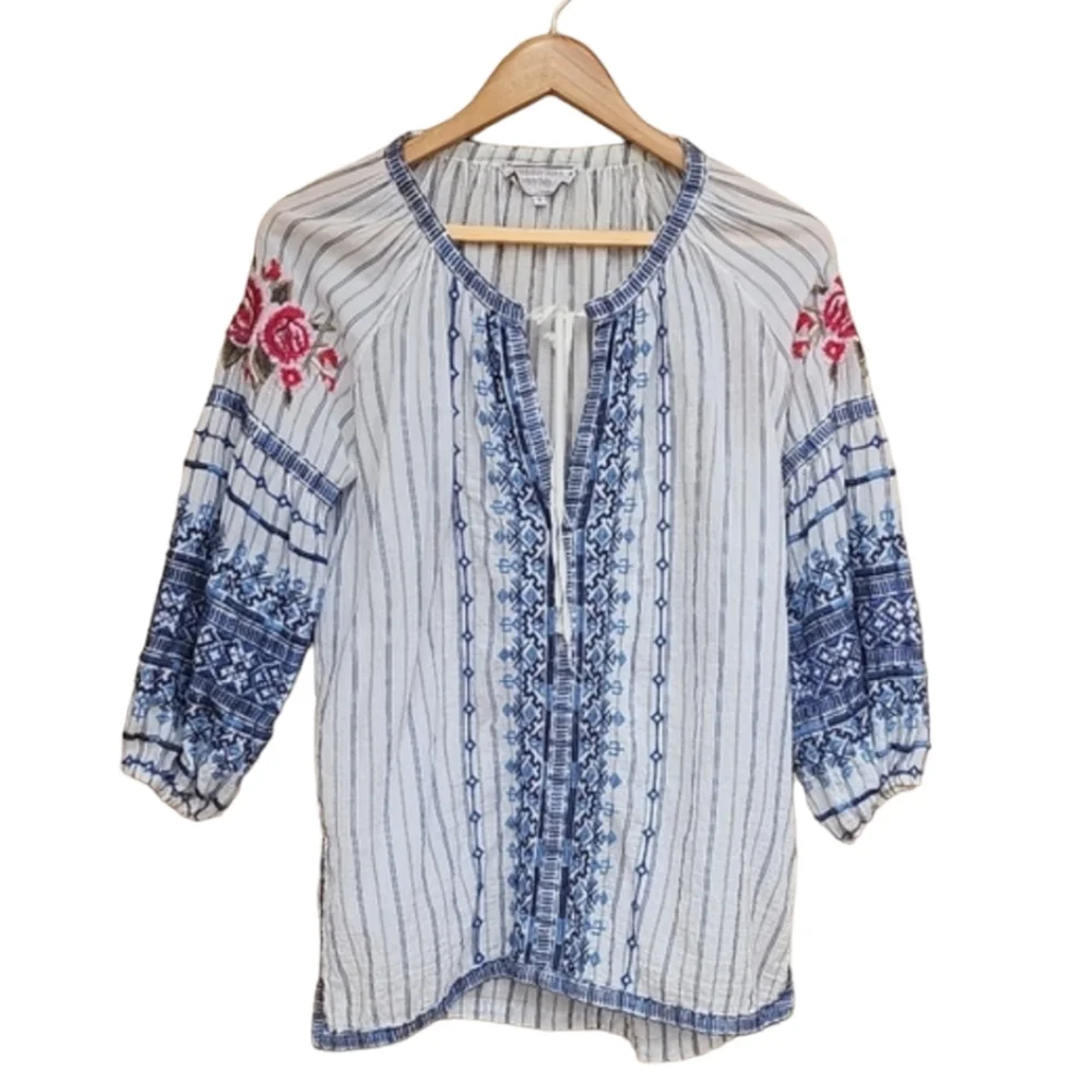JOHNNY WAS WORKSHOP Shea Peasant Blouse S Santori Stripes Anthropologie Boho - Picture 15 of 16